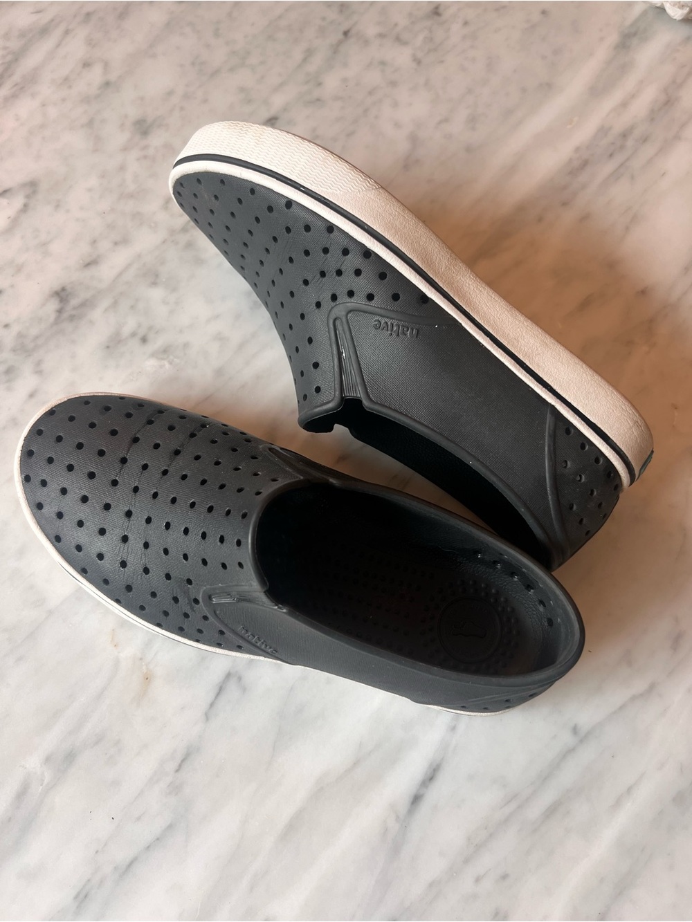 Native Shoes Black Slip-On Perforated Loafers with White Sole
